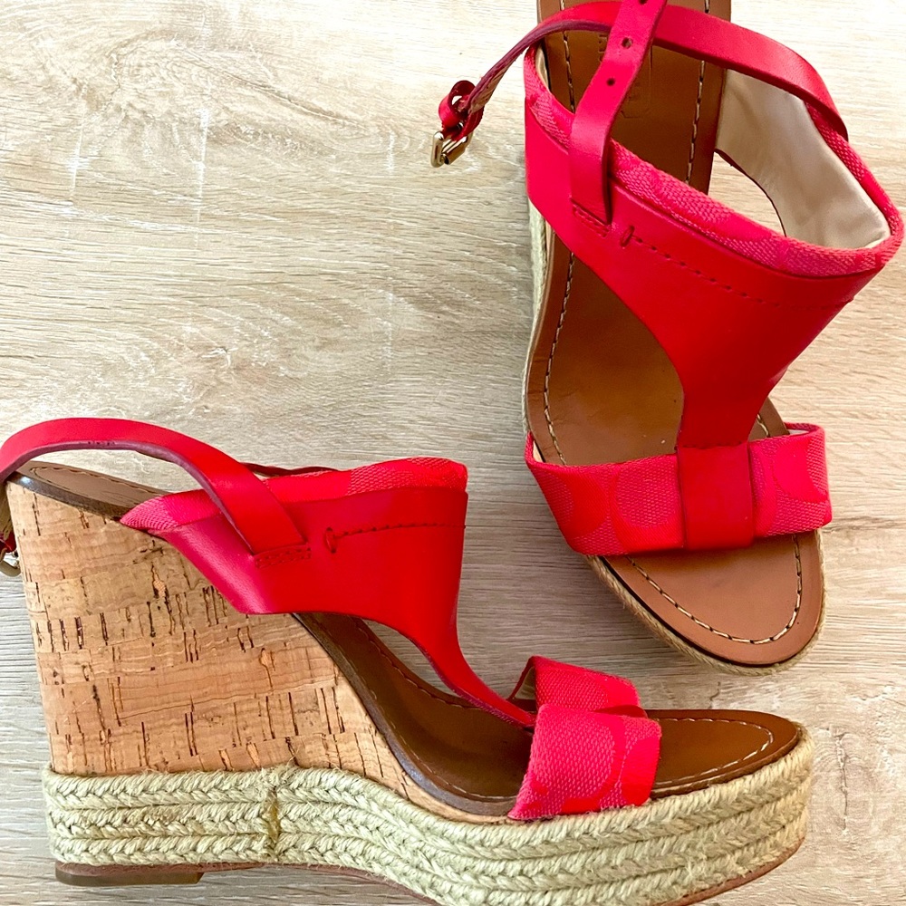 Coral red Coach wedges